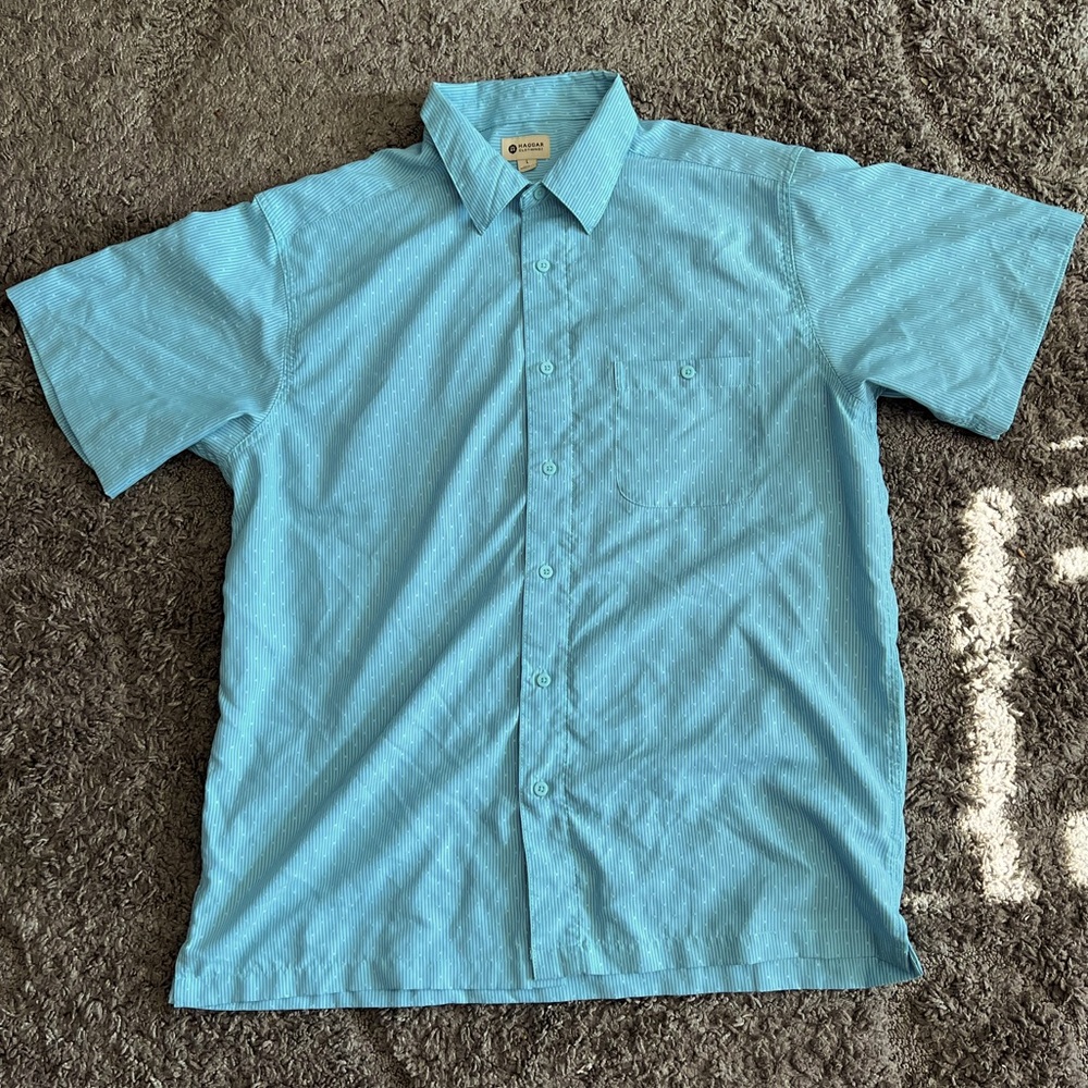 Haggar Teal Striped Button Down Short Sleeve Men’s Collar Dress Shirt Size Large